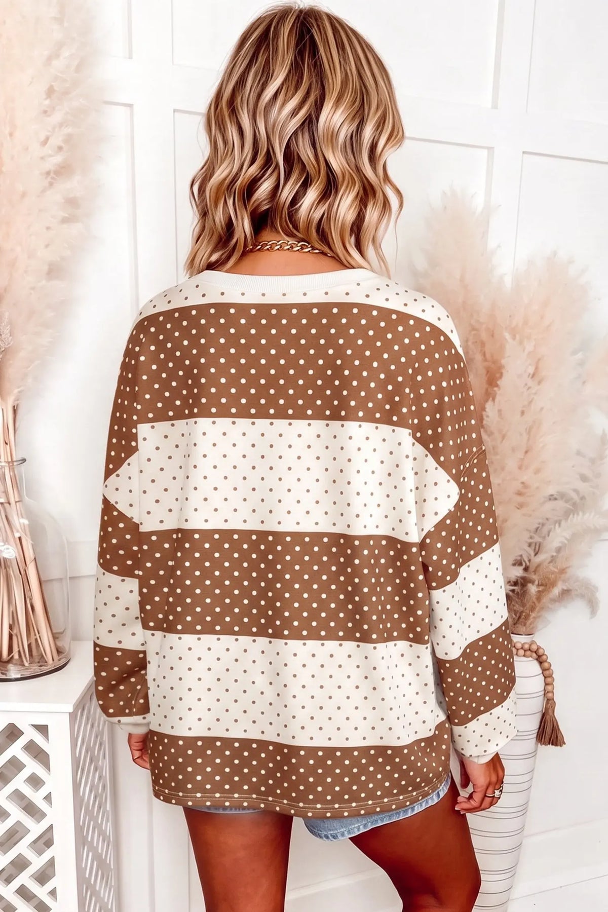Blue Polka Dot Patchwork Colorblock Long Sleeve Top