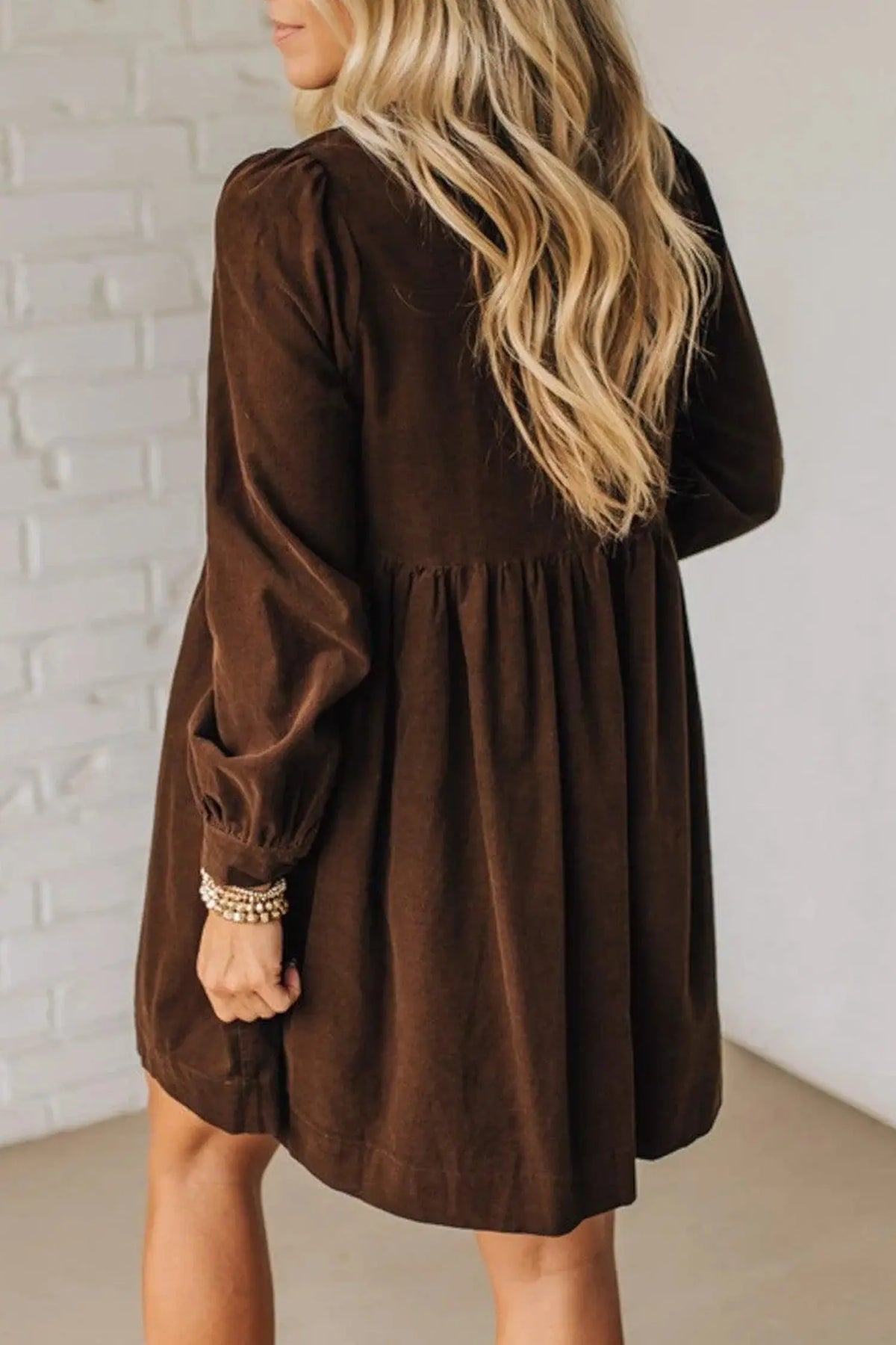 Coffee Bow Knot Front Long Sleeve Corduroy Mini Dress