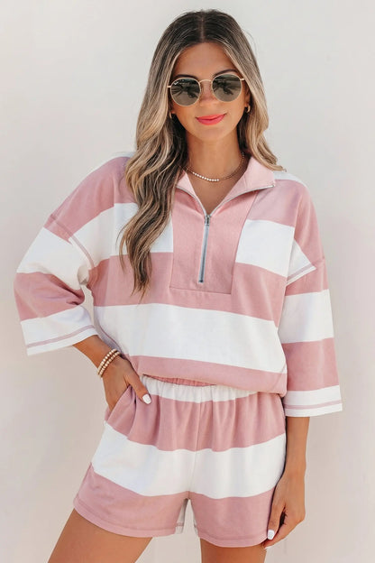 Pink Stripe Half Zip Bracelet Sleeve Top Casual Short Set