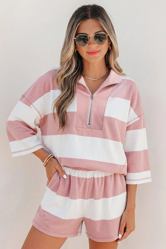 Pink Stripe Half Zip Bracelet Sleeve Top Casual Short Set