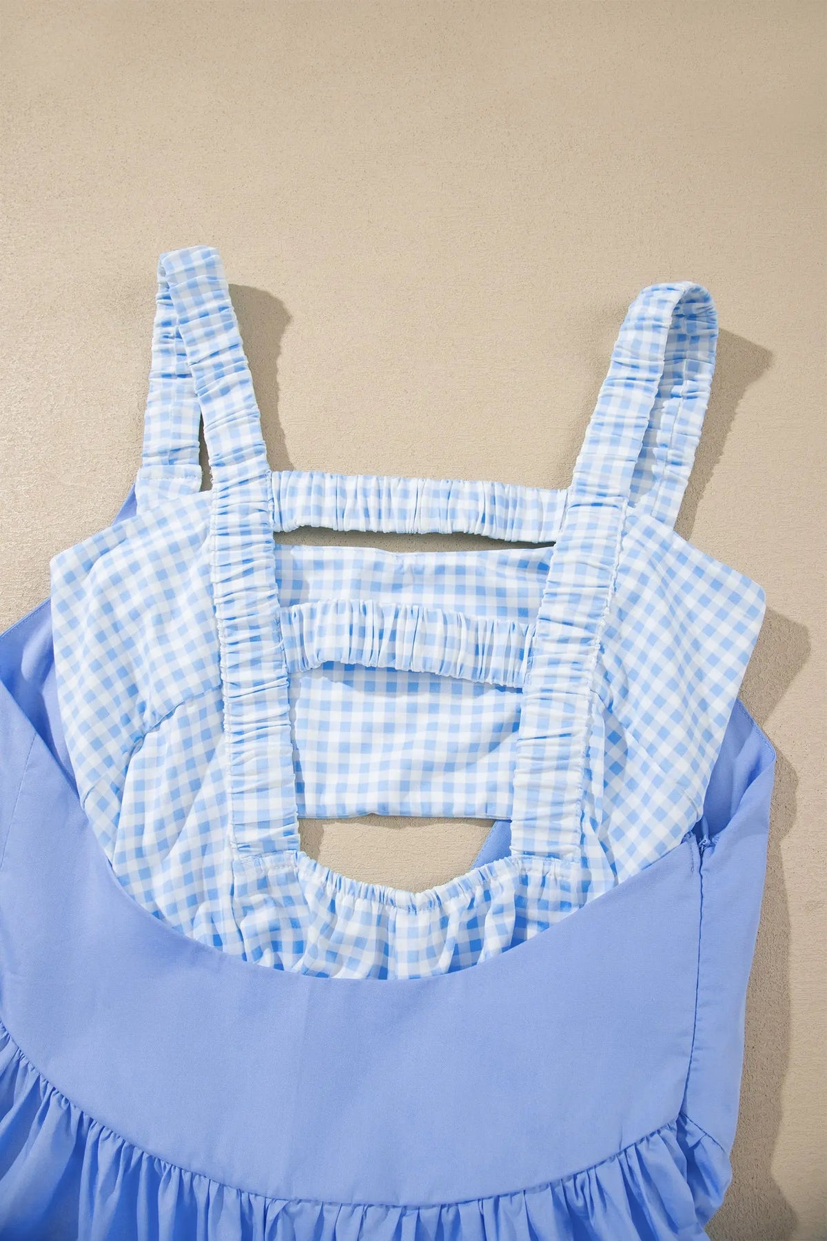 Beau Blue Faux Two Piece Gingham Contrast Patchwork Loose Mini Dress detail view · nz-alt-v1