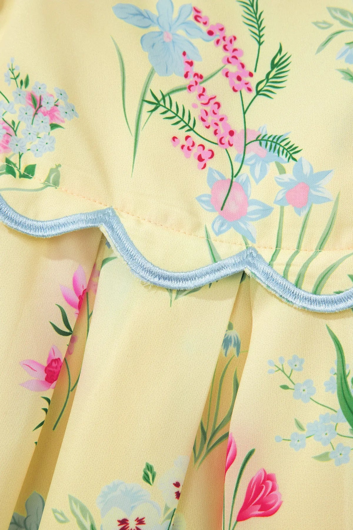Yellow Floral Print Contrast Trim Self-tie Straps High Waist Midi Dress detail view · nz-alt-v1