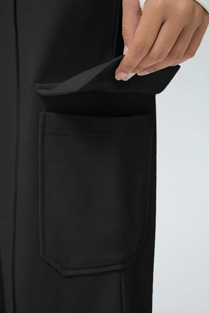 Black Solid Color Drawstring Elastic Waist Cargo Patch Pocket Active Pants