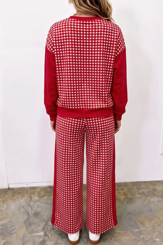 Green Color Block Plaid Patchwork Long Sleeve Pullover Wide Leg Pant Set