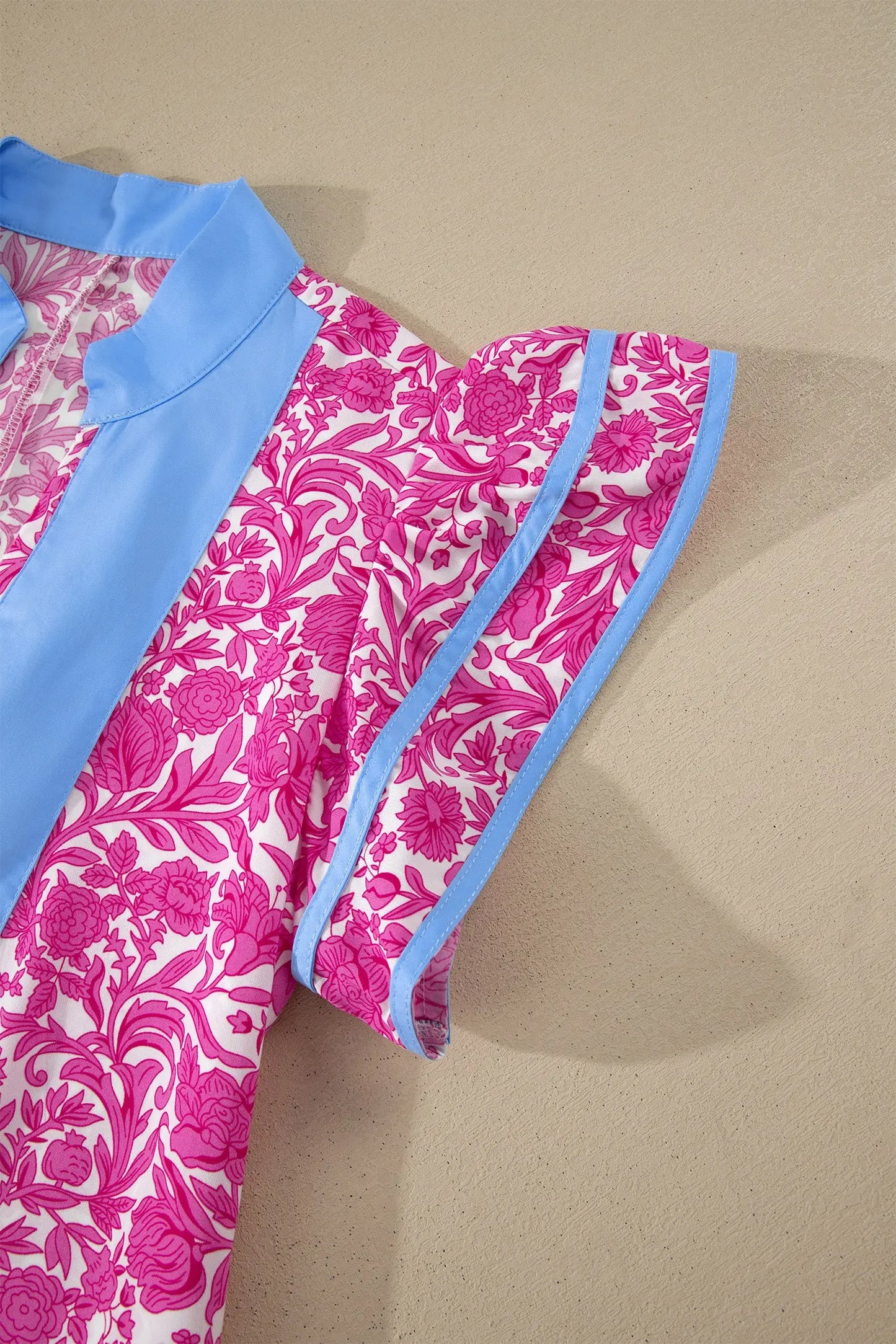 Pink Floral Print Color Block Patchwork V Neck Short Sleeve Midi Dress Nataliz