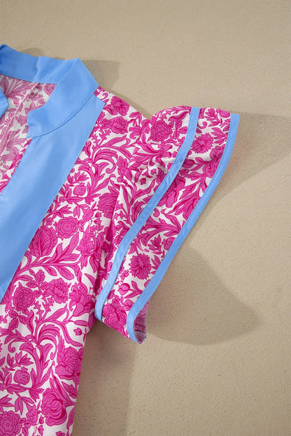 Pink Floral Print Color Block Patchwork V Neck Short Sleeve Midi Dress Nataliz