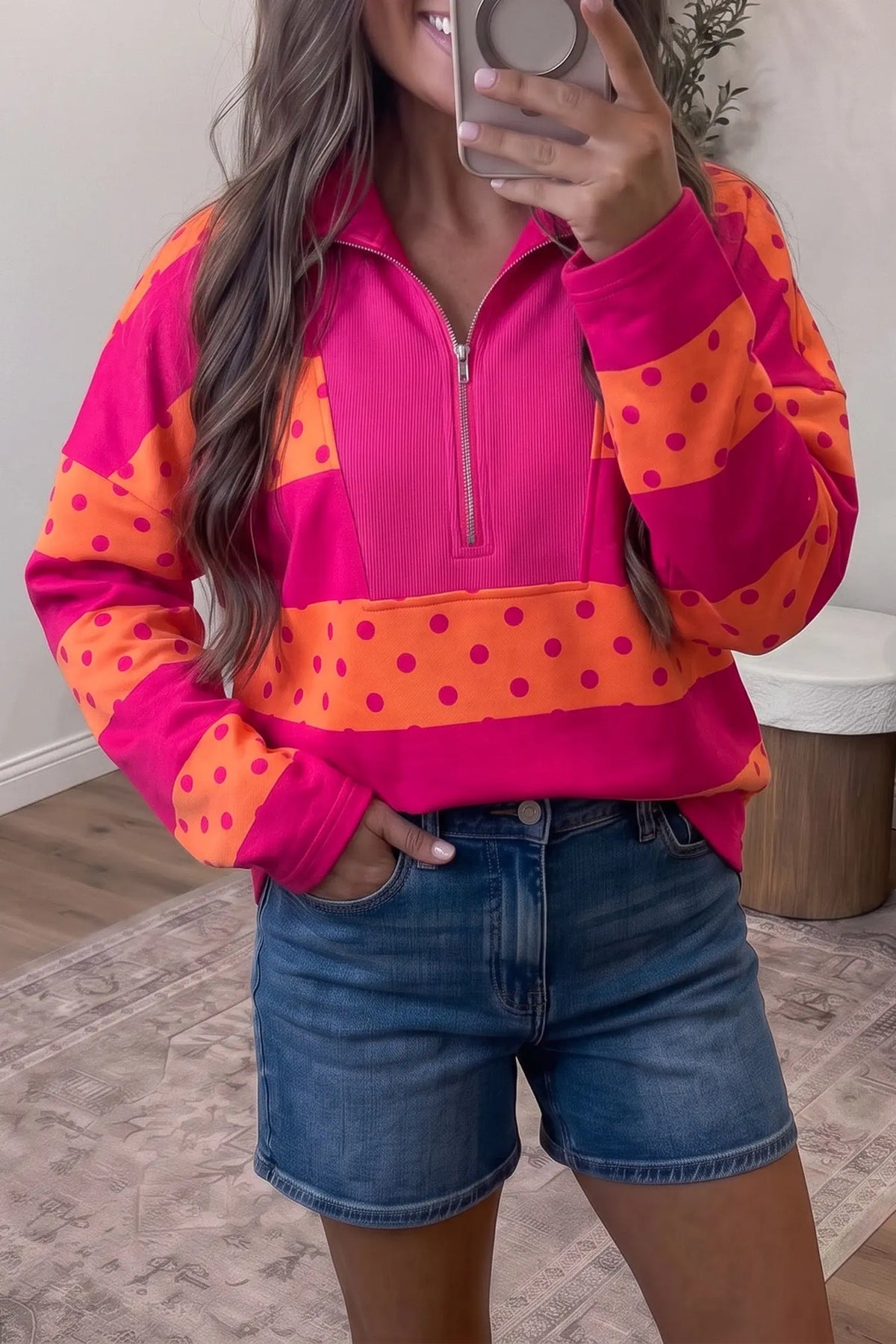Brown Stripe Patchwork Polka Dot Accent Quarter Zip Long Sleeve Top Pink Stripe model front view · nz-alt-v1