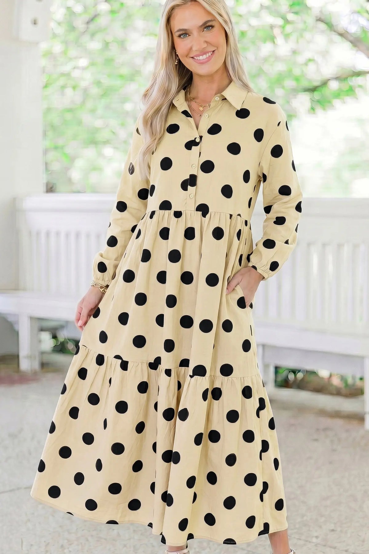 Apricot Polka Dot Button Front Long Sleeve Shift Dress model front view · nz-alt-v1