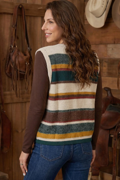 Multicolour Striped Button Front Sleeveless Knit Regular Fit Sweater Vest