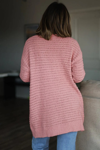 Light Pink Open Front Soft Fuzzy Ribbed Sweater Cardigan