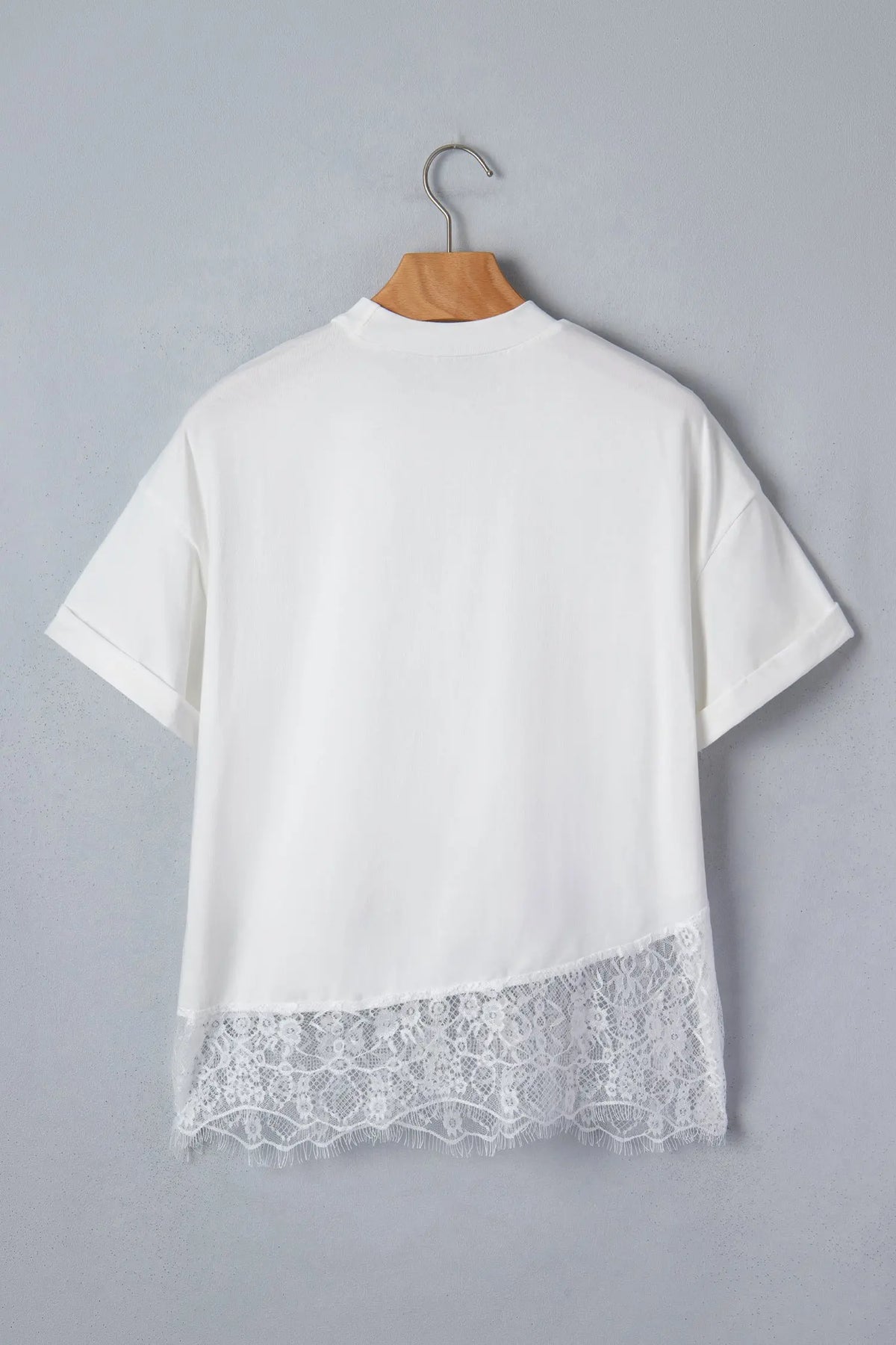 Cotton White Asymmetric Lace Hem Patchwork Tee
