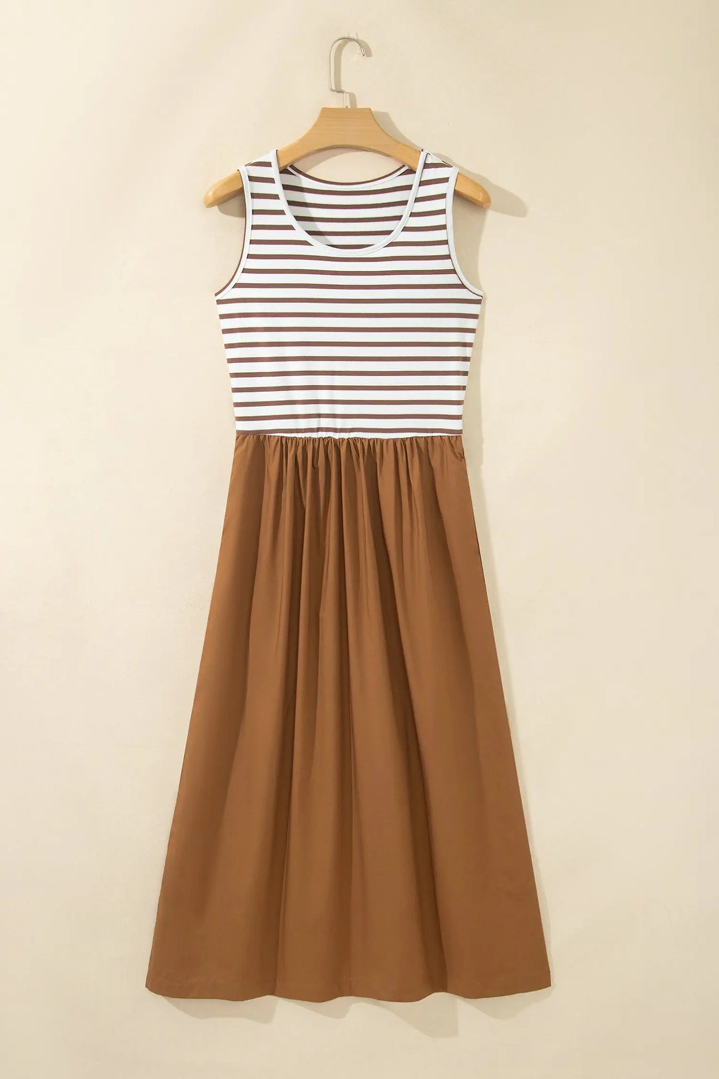 Chestnut Striped Colorblock Patchwork Sleeveless Casual Long Dress