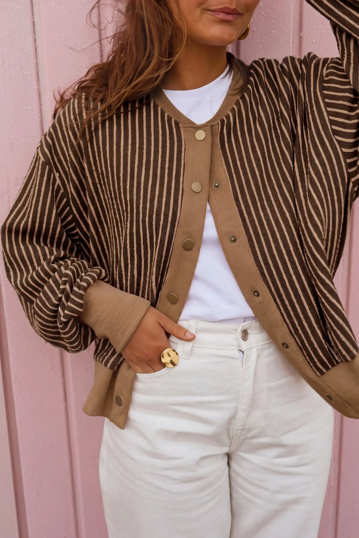 Stripe Striped V Neck Patchwork Long Sleeve Regular Fit Cardigan