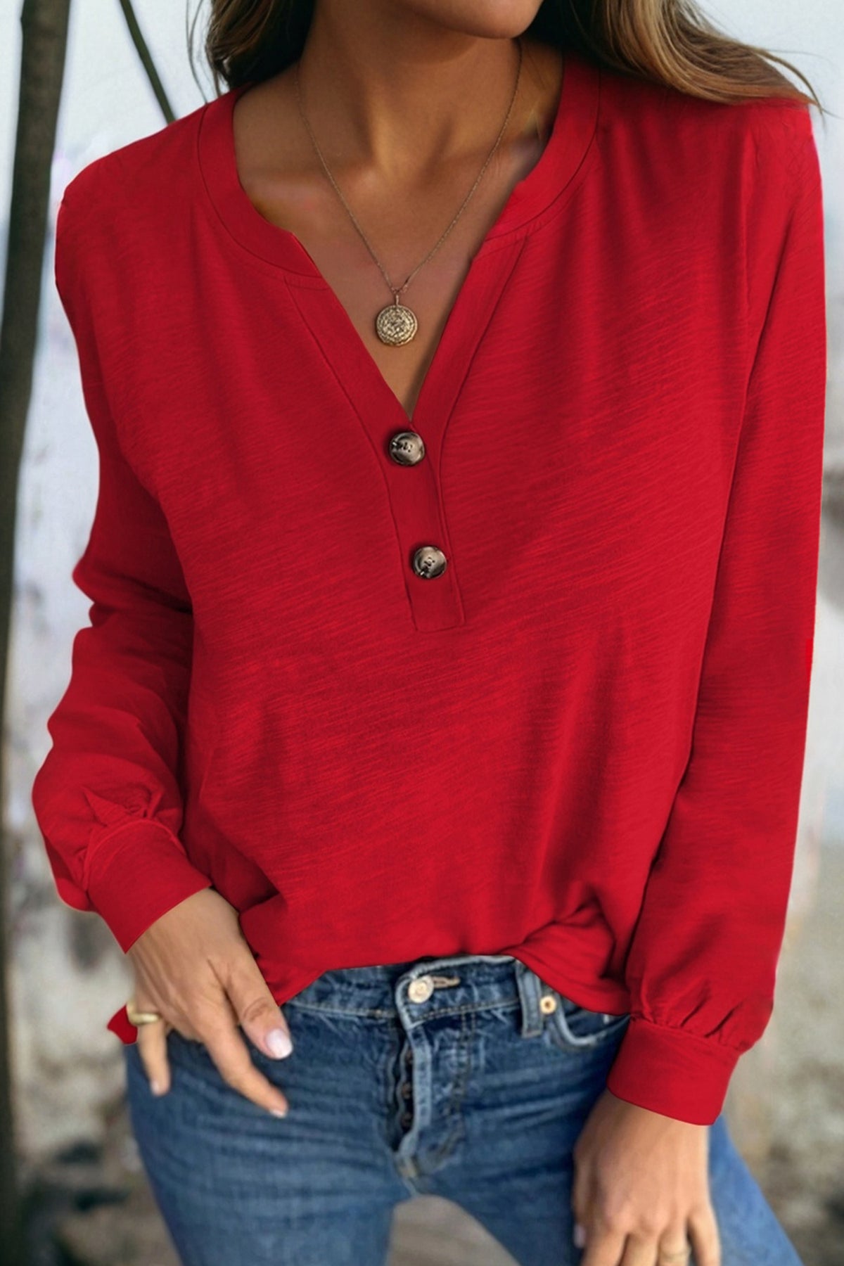 Racing Red Solid Color Button V Neck Long Sleeve Top