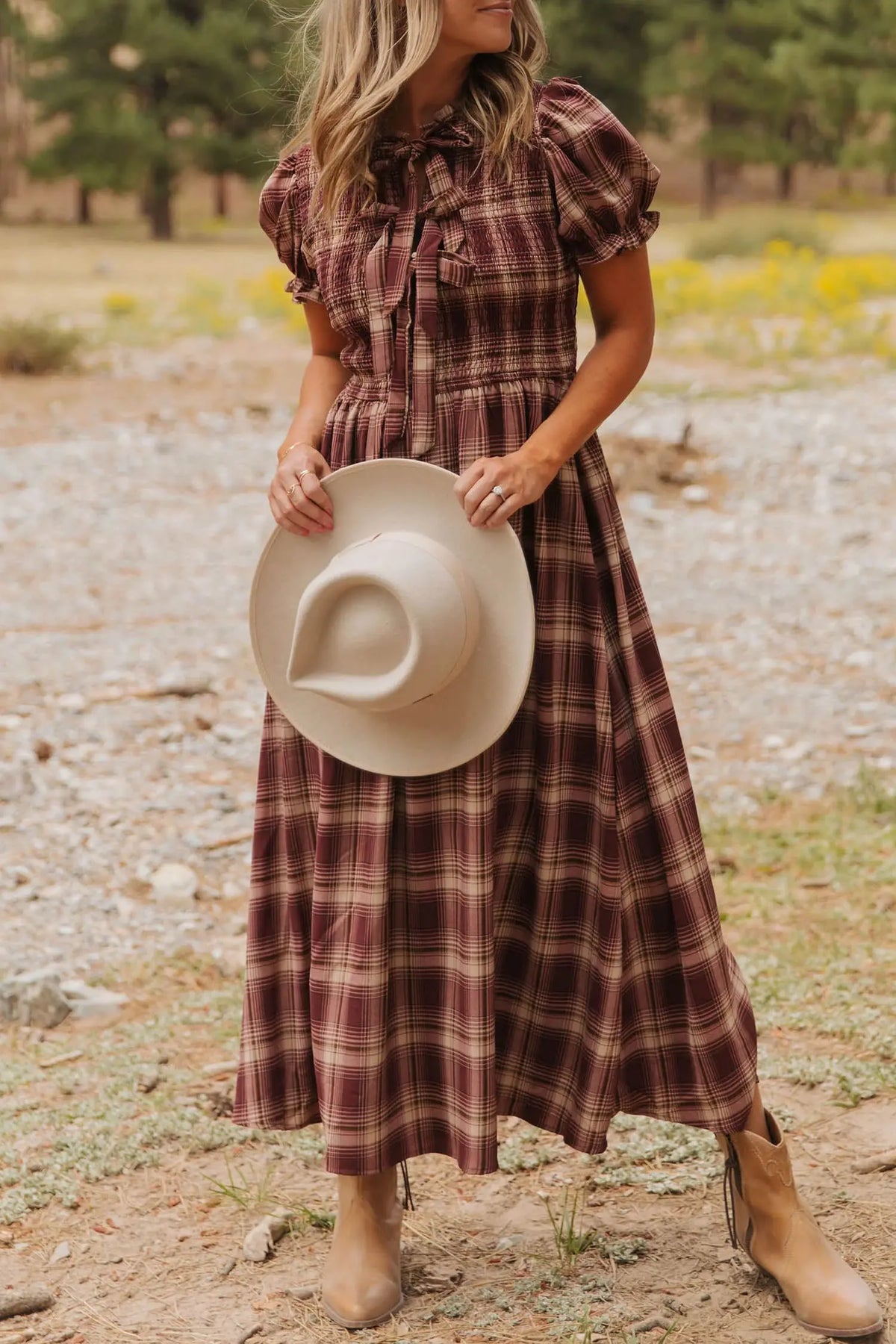 Red Vintage Plaid Knot Front Smocked High Waist Midi Dress model front view · nz-alt-v1