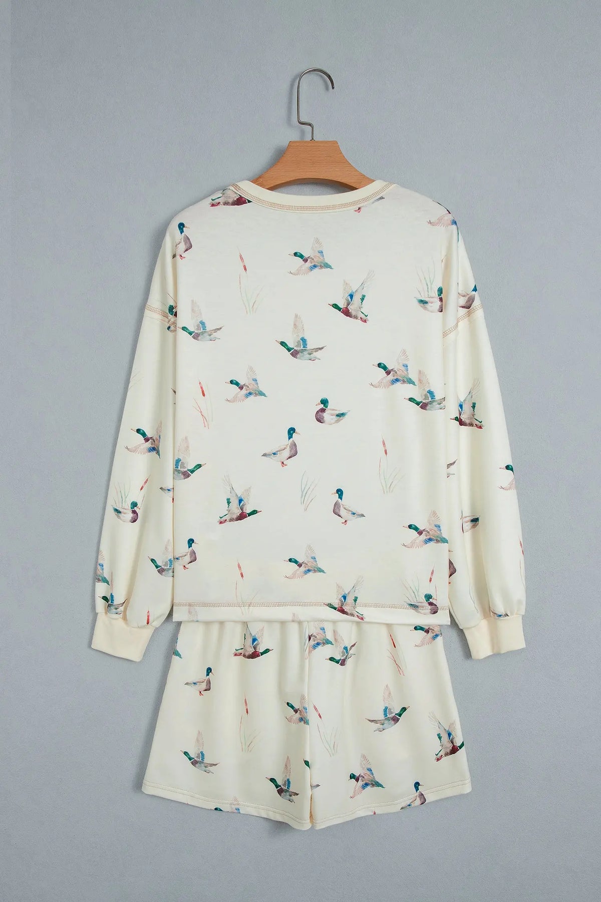 Beige Free Mallard Print Long Sleeve Top Drawstring Short Set