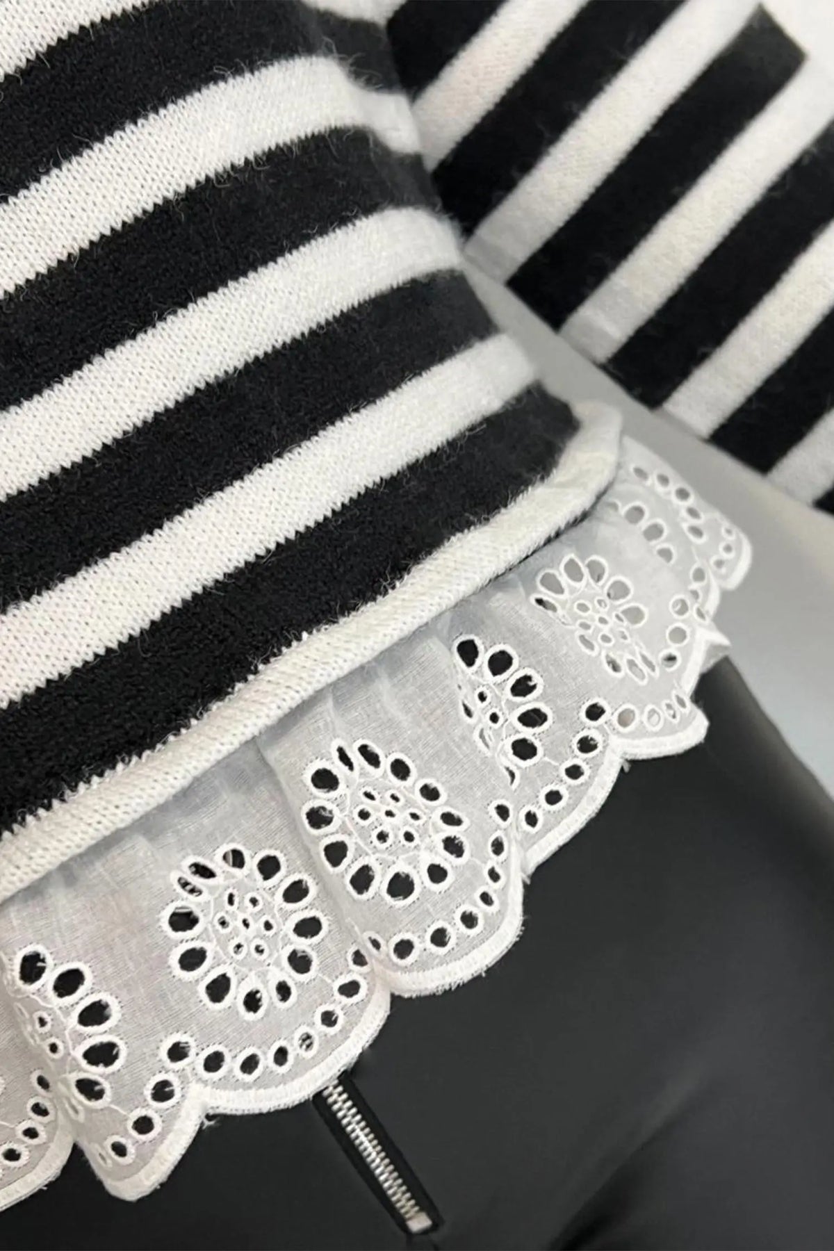 Black Striped High Neck Contrast Ruffle Detail Casual Sweater lace hem detail view · nz-alt-v1