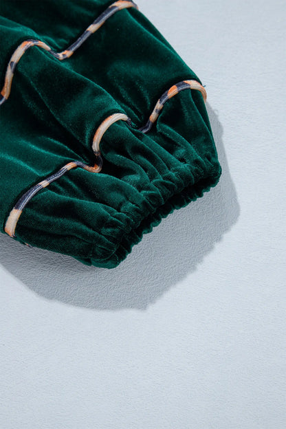Blackish Green Leopard Trim Velvet Long Sleeve Shift Dress