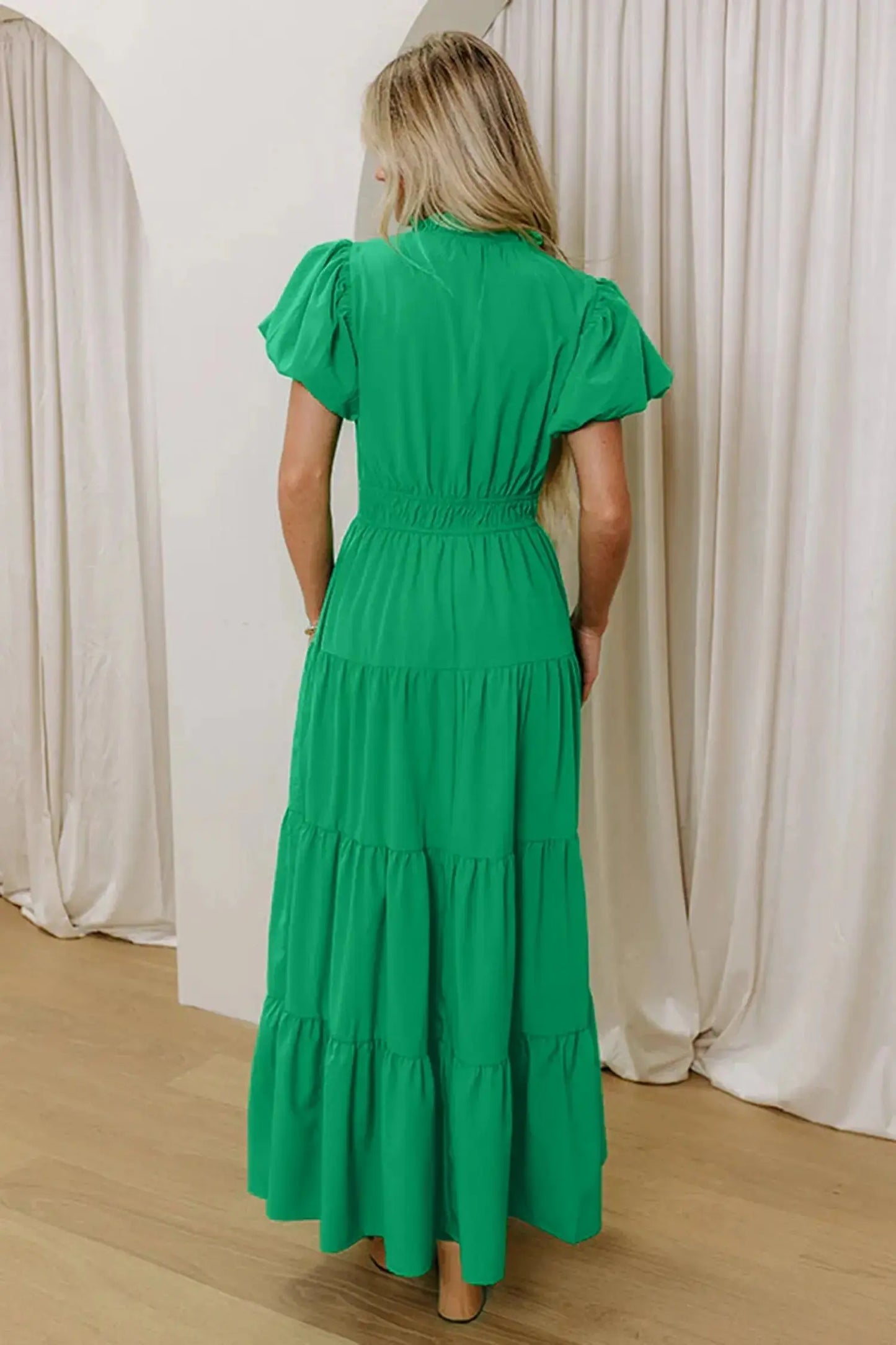 Bright Green Solid Color V Neck Short Puff Sleeve High Waist Tiered Maxi Dress - Casual Dresses