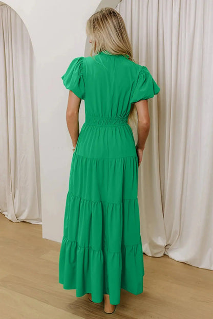 Bright Green Solid Color V Neck Short Puff Sleeve High Waist Tiered Maxi Dress - Casual Dresses