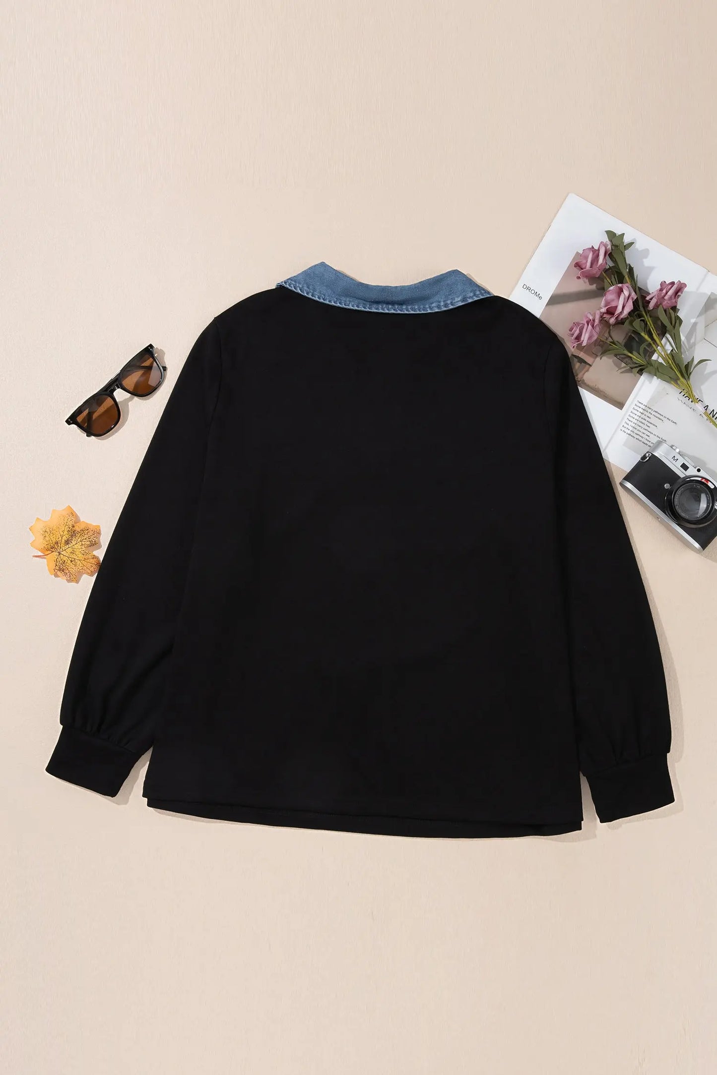 Black Solid V Neck Tunic Shift Long Sleeve Plus Size Blouse