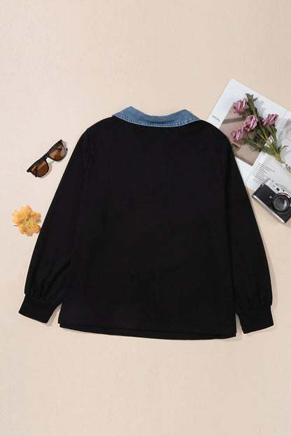 Black Solid V Neck Tunic Shift Long Sleeve Plus Size Blouse