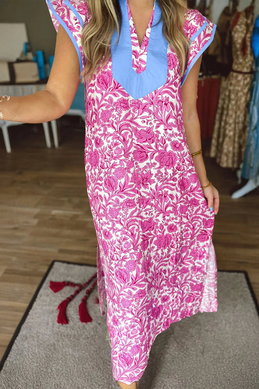 Pink Floral Print Color Block Patchwork V Neck Short Sleeve Midi Dress Nataliz