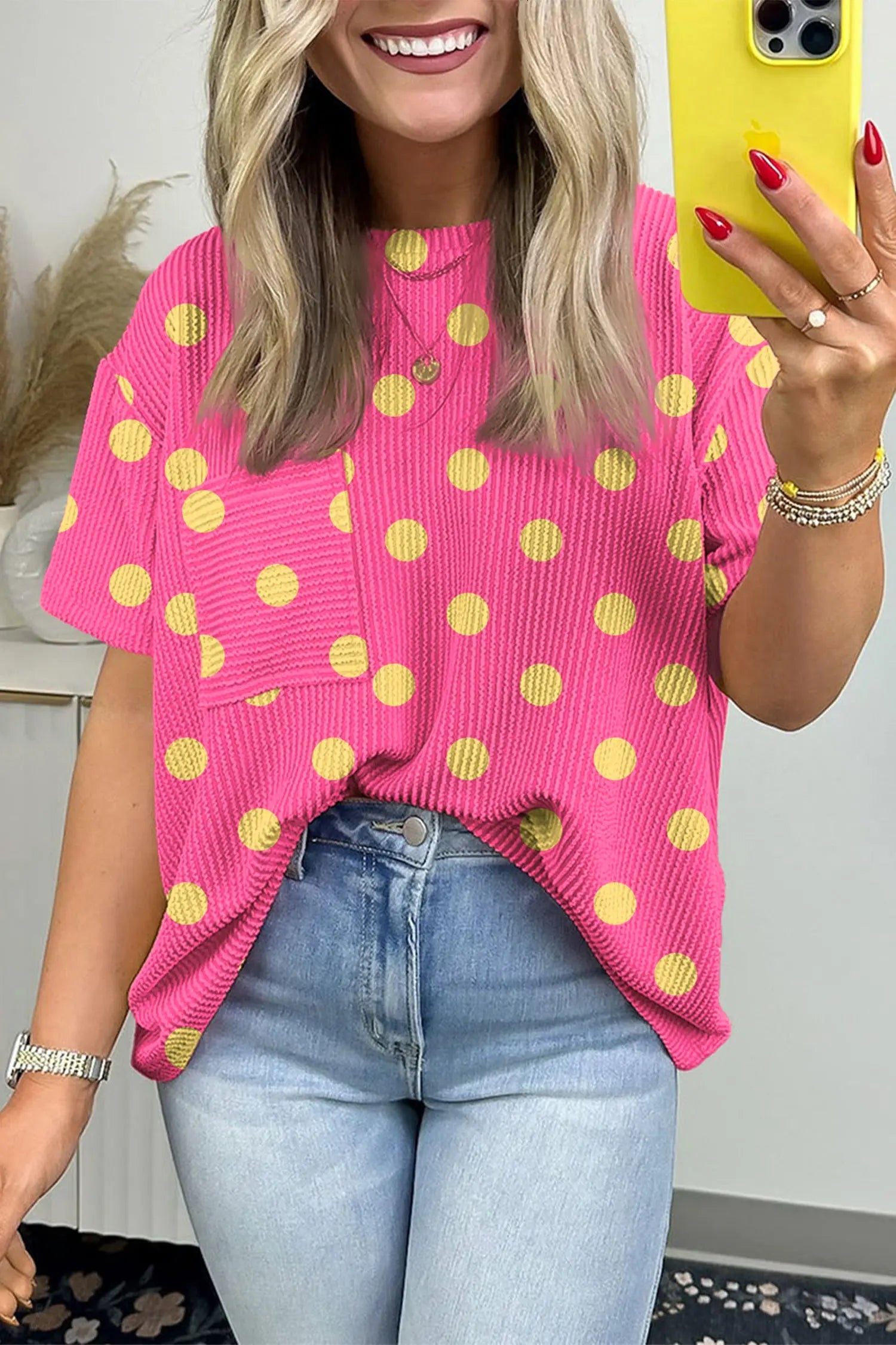 Sky Blue Polka Dot Round Neck Drop Shoulder Patch Pocket Jacquard Texture Top Nataliz