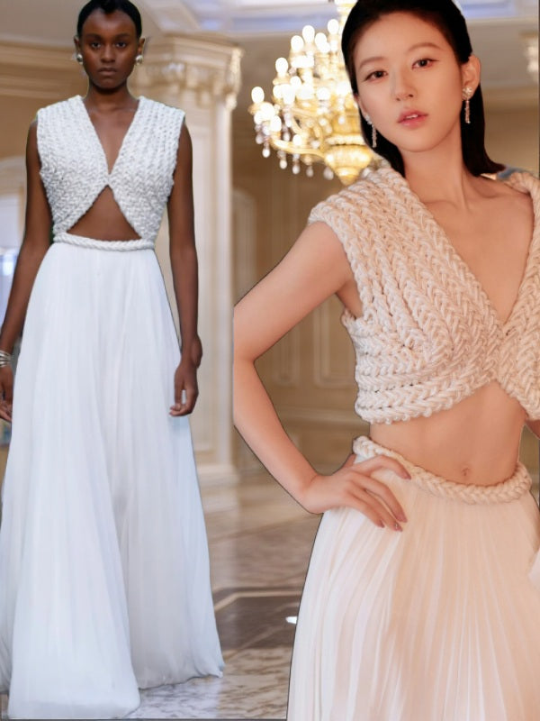 Braided Crop Top & Pleated Maxi Skirt Set model front view