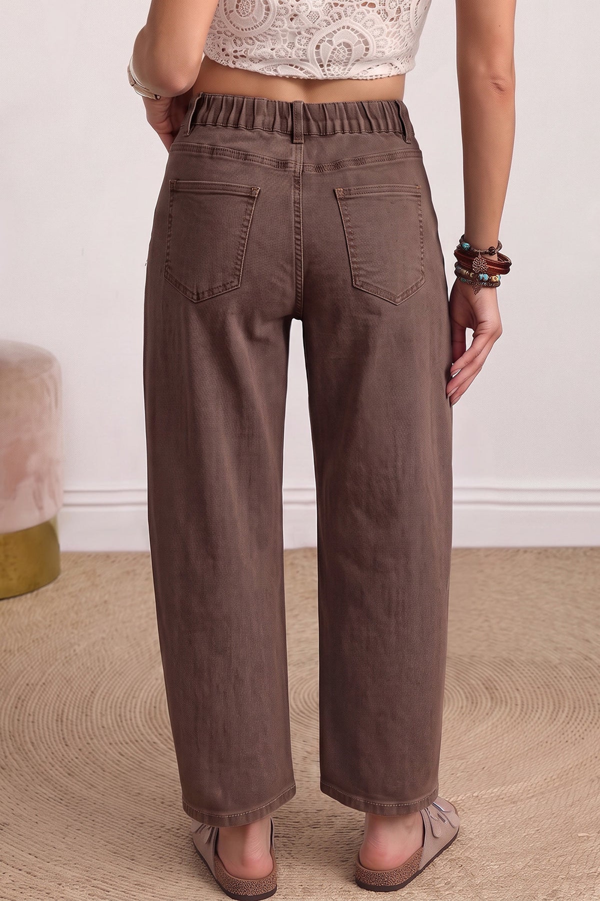 Solid Color Square Patch Pocket Ankle-length Barrel Jeans