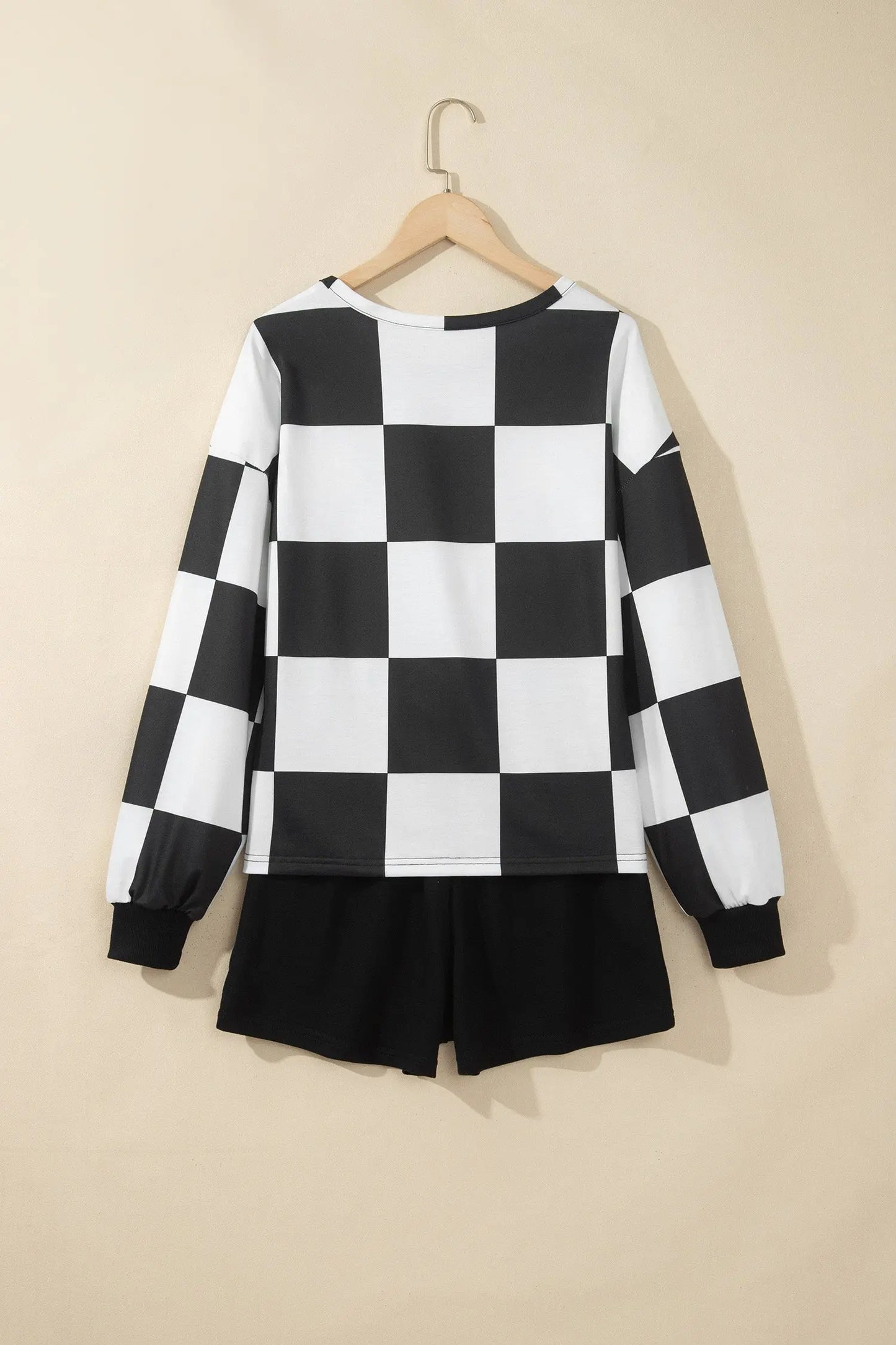 Khaki Checkerboard Plaid Long Sleeve Solid Color Shorts 2pcs Set