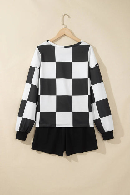 Khaki Checkerboard Plaid Long Sleeve Solid Color Shorts 2pcs Set