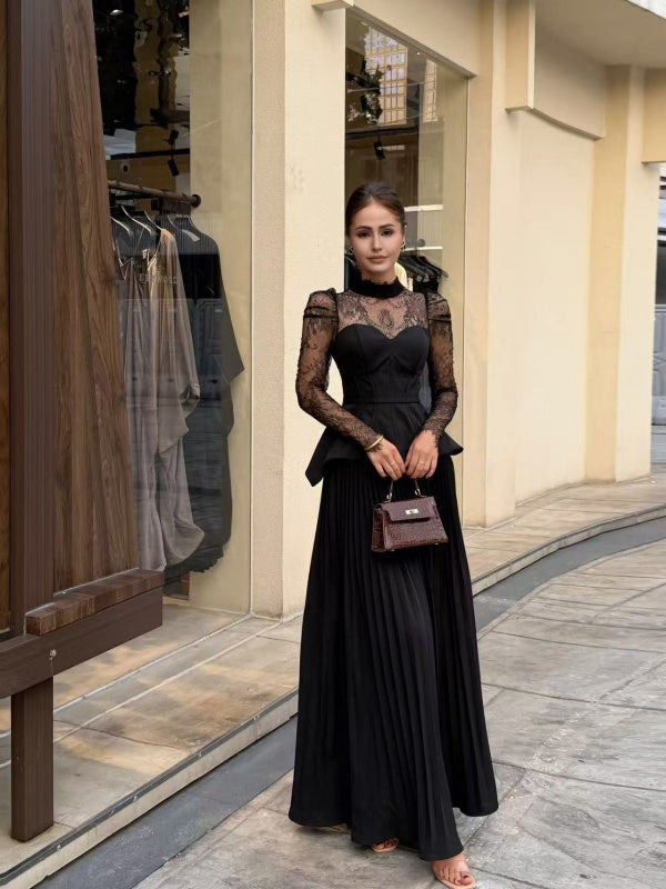 Lace Sleeve Peplum Pleated Maxi Dress model front view · nz-alt-v1
