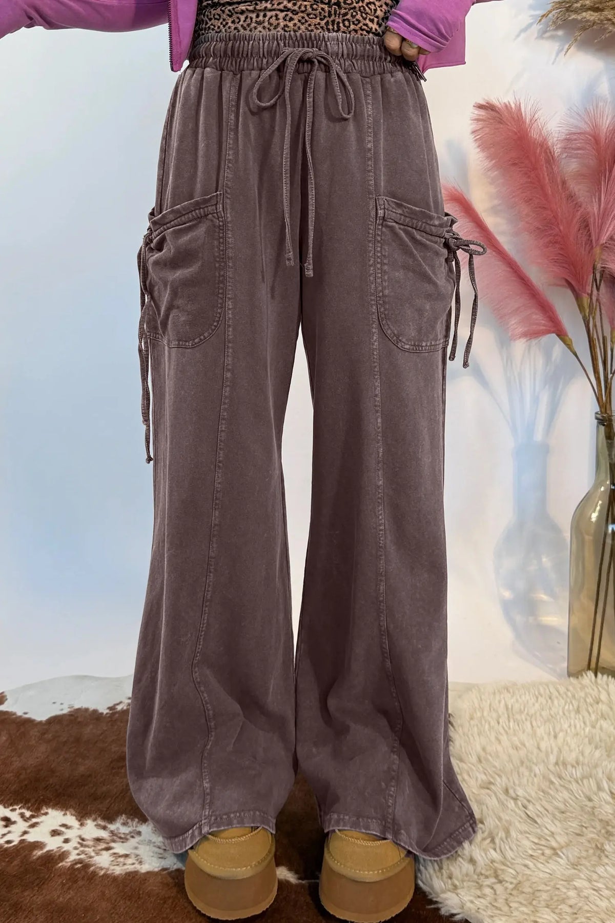 Dark Brown Cotton Mineral Wash Elastic Waist Drawstring Tie Detail Cargo Pants