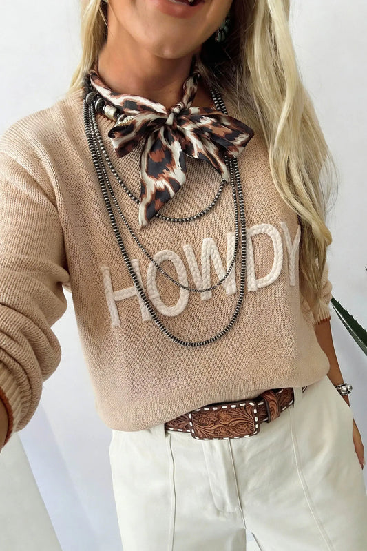 Parchment Corder HOWDY Letter Graphic Crew Neck Relaxed Sweater model front view · nz-alt-v1