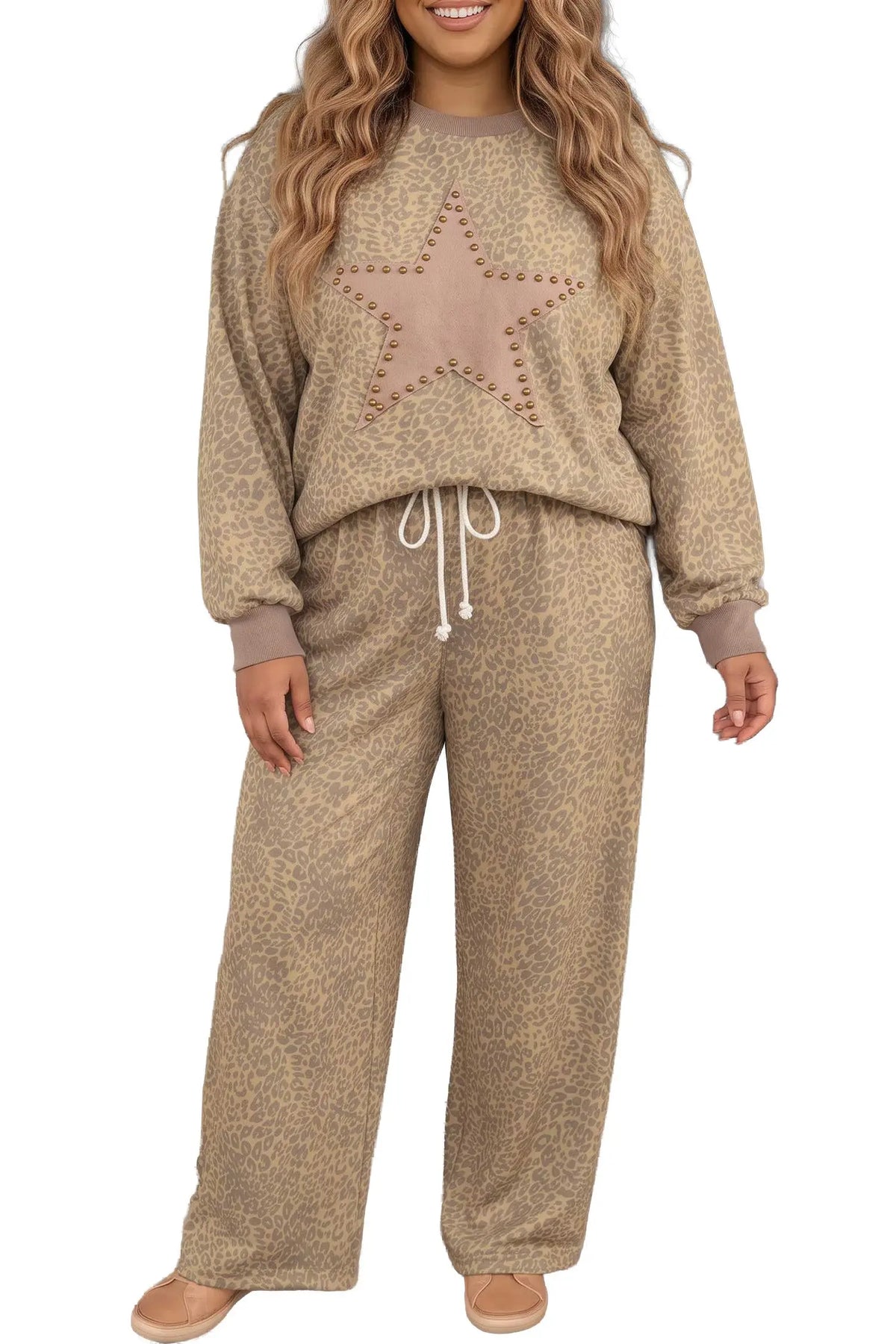 Khaki Leopard Print Star Patch Plus Size Pants Set model front view · nz-alt-v1