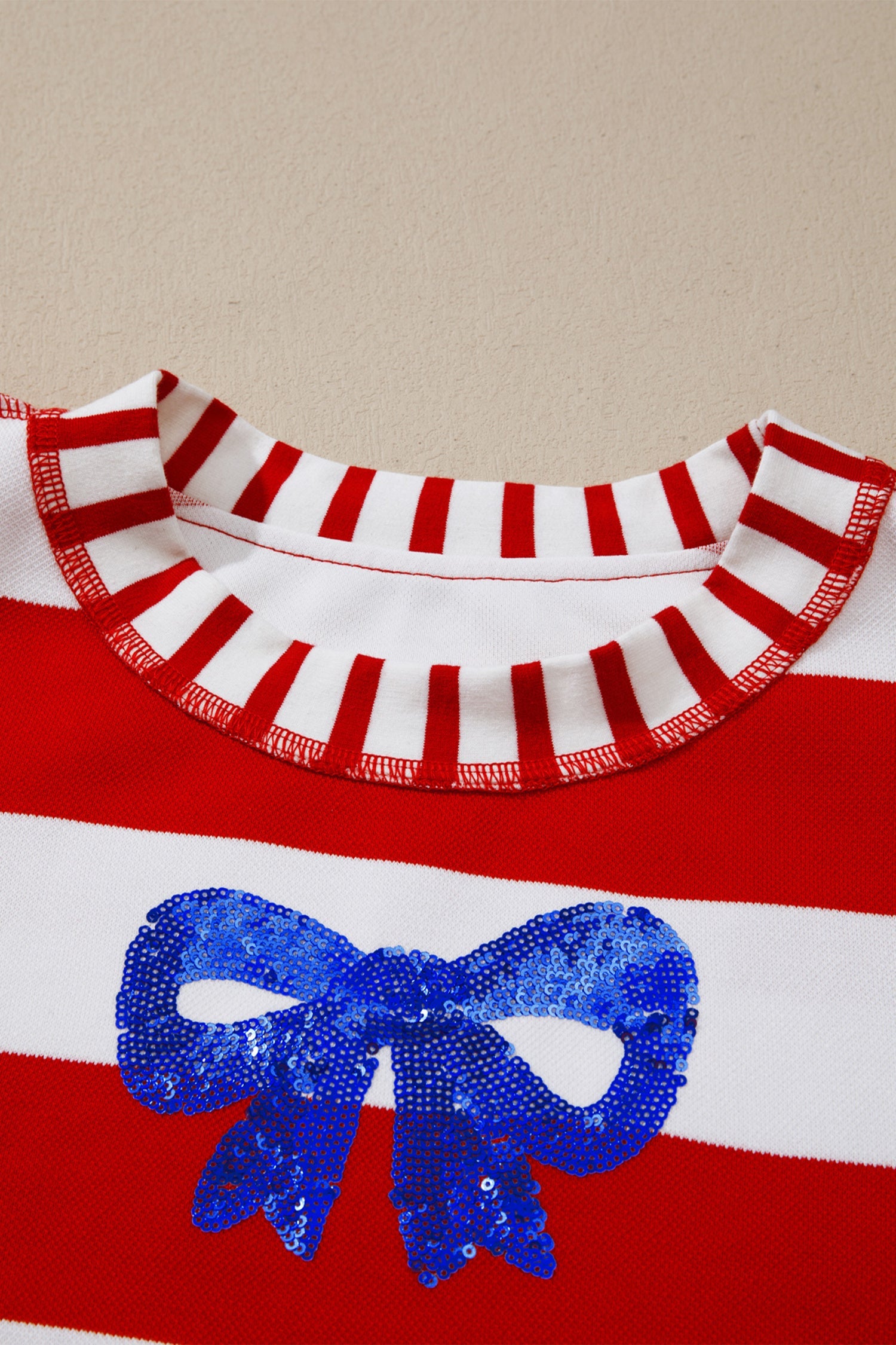 Red Stripe Sequin Bow Patriotic Half Sleeve Top - Tops