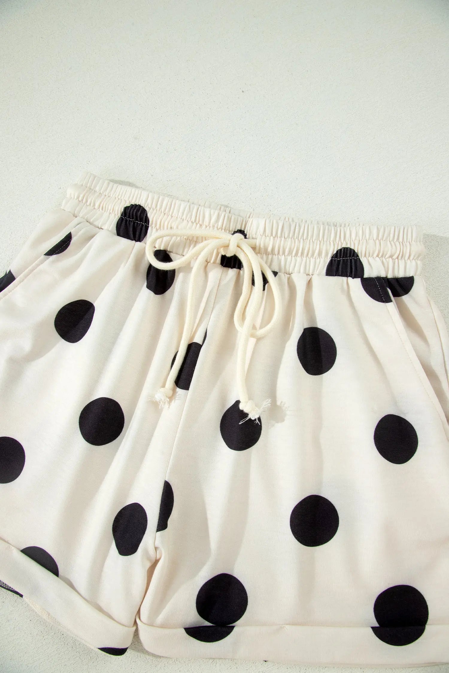 Beige Polka Dot Print V Neck Tee Short Set Nataliz
