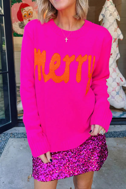Bright Green Merry Print Ribbed Trim Round Neck Loose Fit Sweater