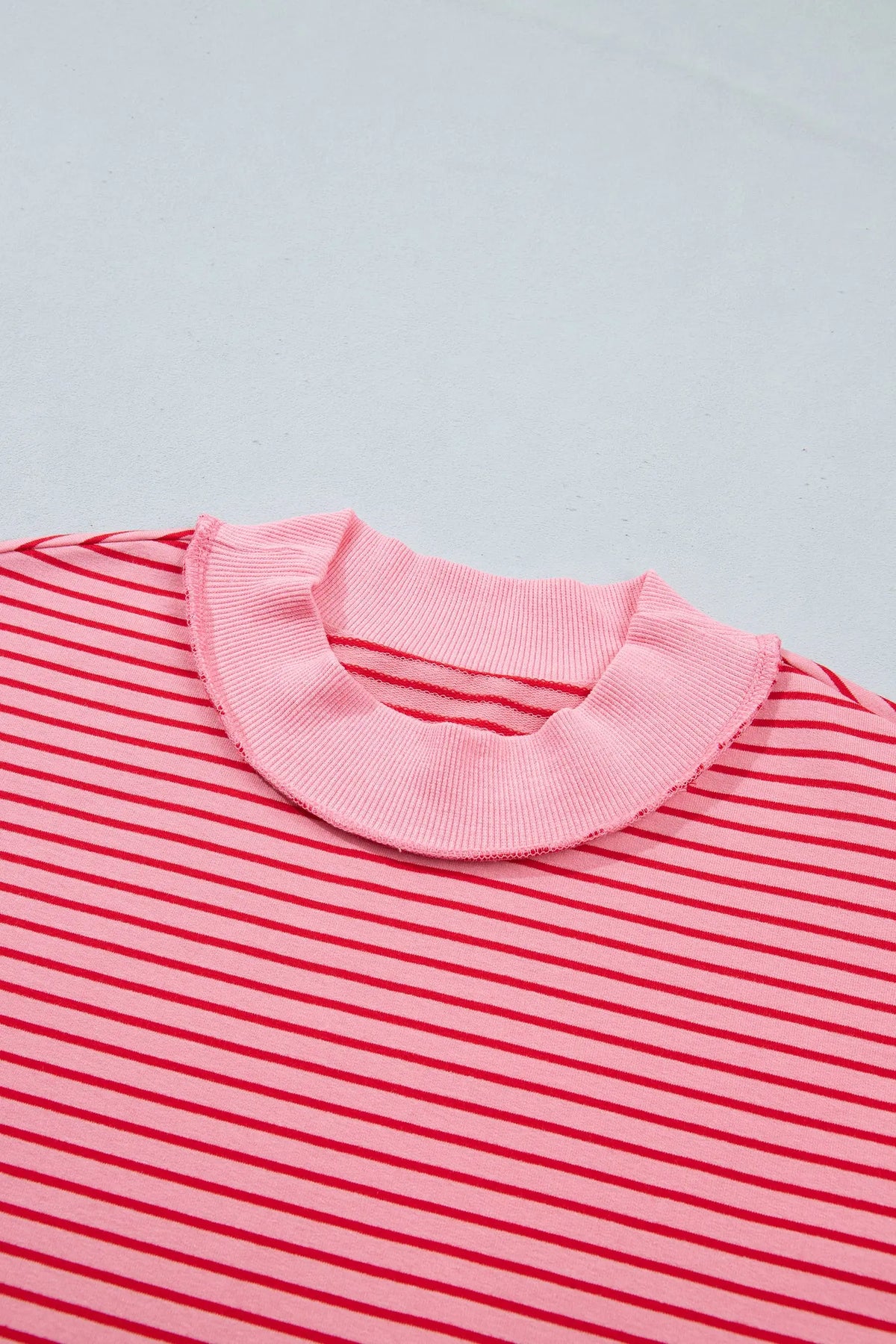 Pink Stripe Ribbed Patchwork Mock Neck Baggy Pullover Matching Shorts Set