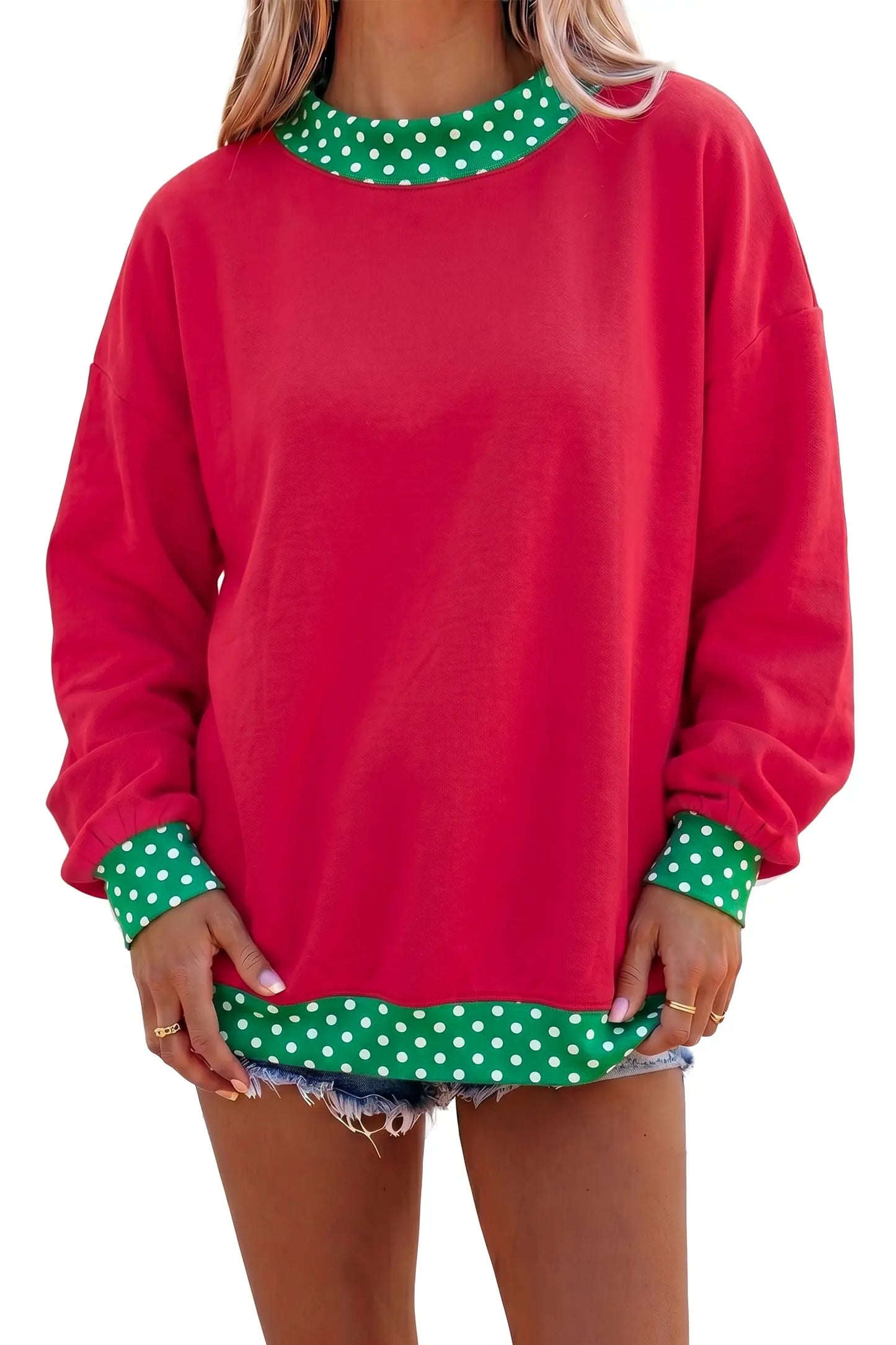 Pink Colorblock Polka Dot Contrast Trim Oversized Sweatshirt