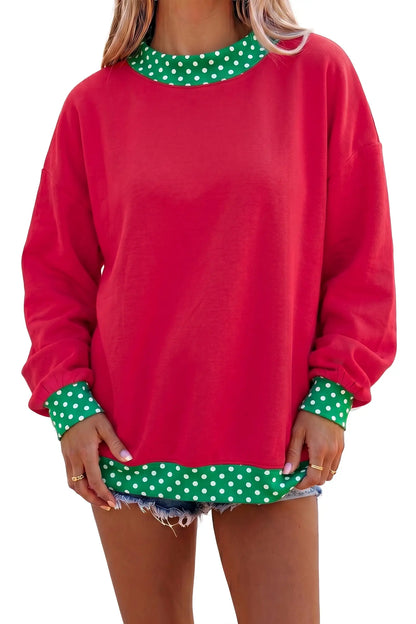 Pink Colorblock Polka Dot Contrast Trim Oversized Sweatshirt
