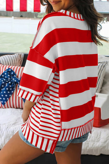 Red Stripe Sequin Bow Patriotic Half Sleeve Top - Tops