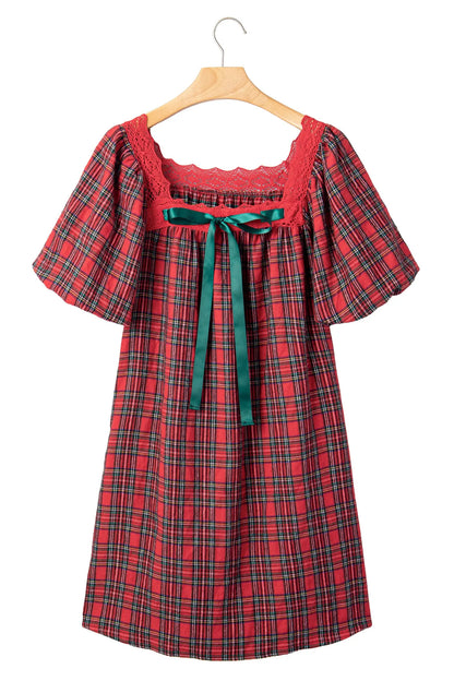 Red Plaid Square Collar Lace Trim Short Sleeve Shift Mini Dress