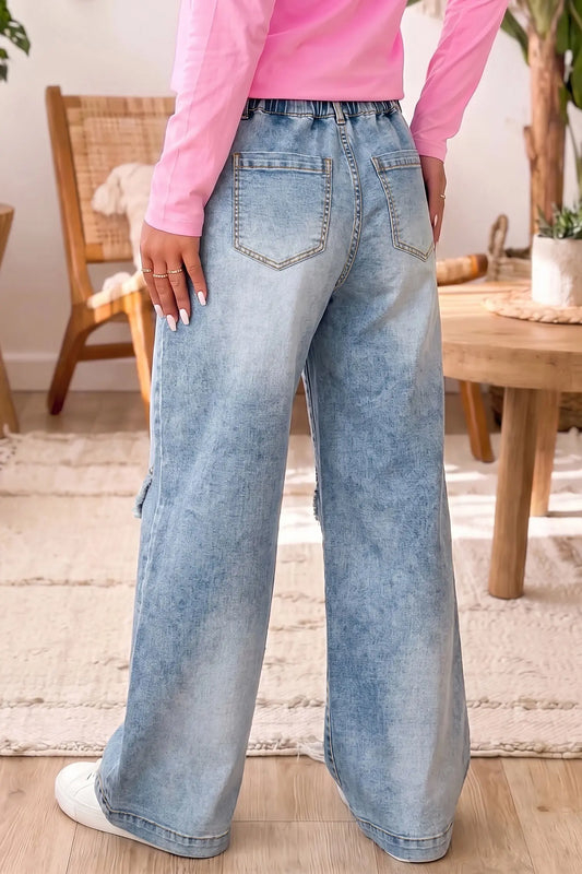 Beau Blue Frayed Studded Detail Wide Leg Pocketed Jeans model back view · nz-alt-v1