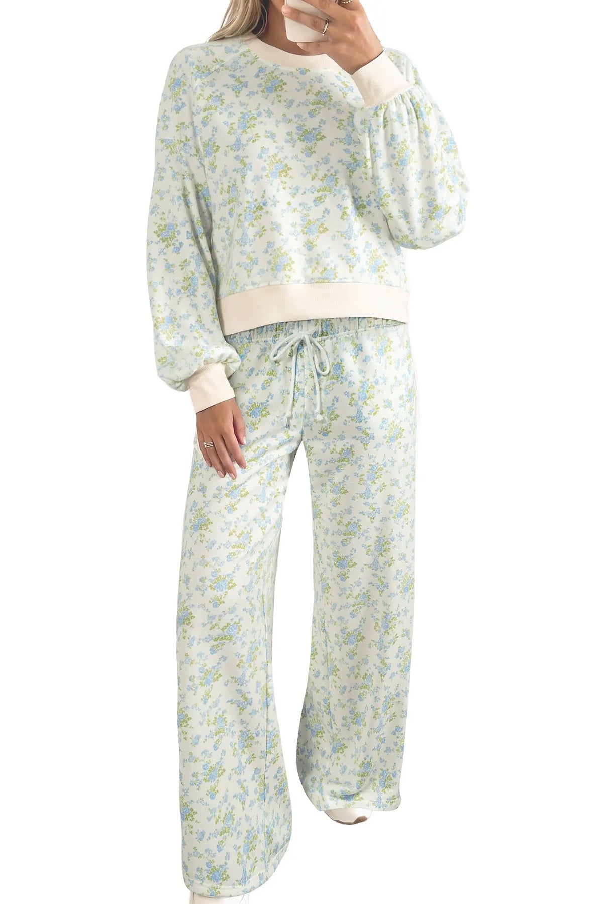 Sky Blue Floral Print Long Sleeve Top Drawstring Wide Leg Pants Set model front view · nz-alt-v1