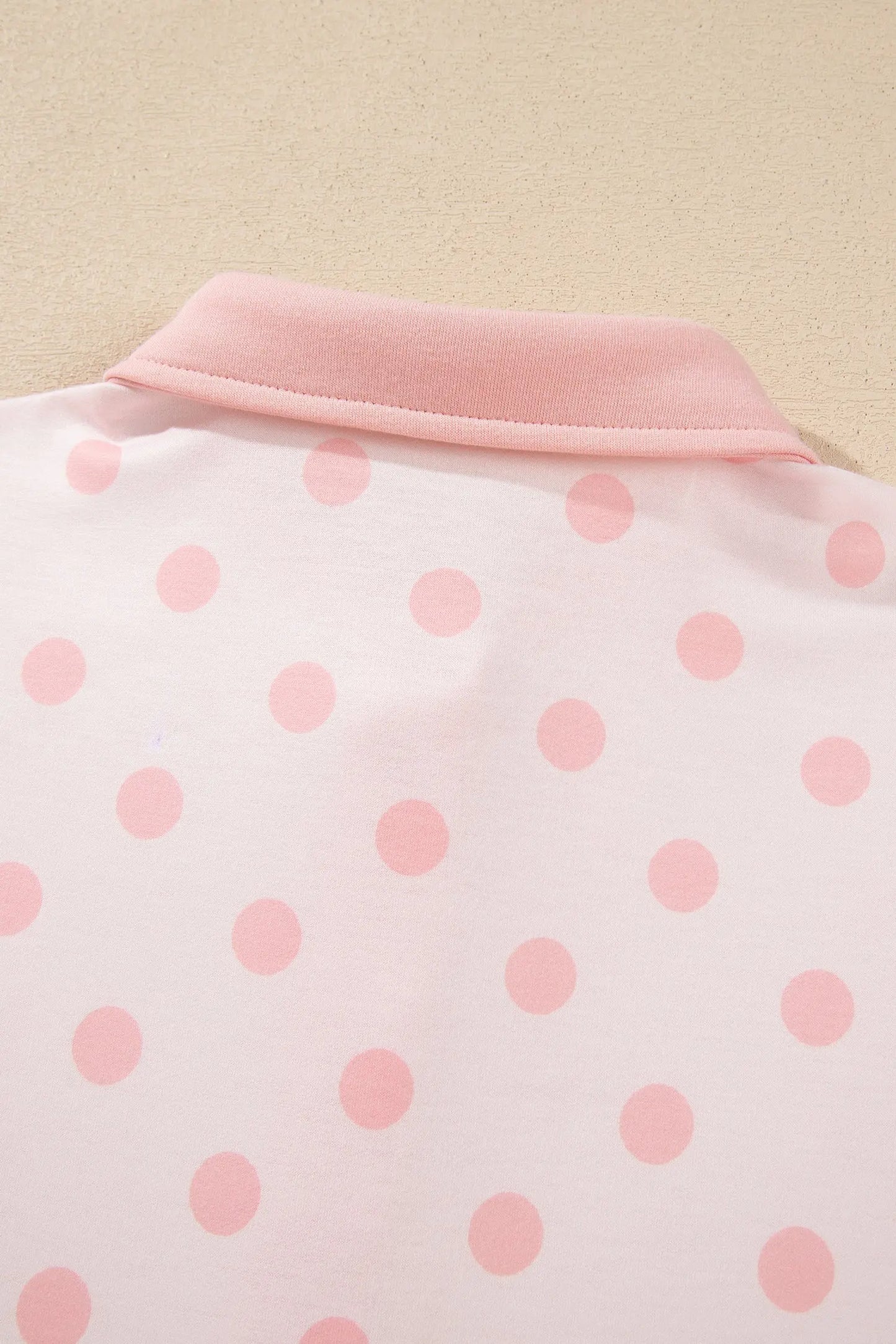 Pink Polka Dot Drop Shoulder Polo Loose Pullover Patch Pocket Casual Shorts Set