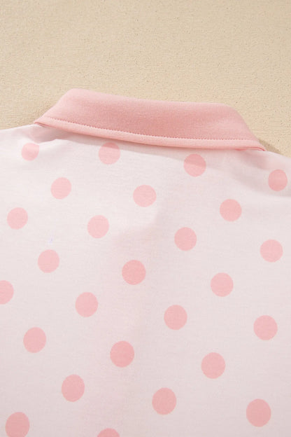Pink Polka Dot Drop Shoulder Polo Loose Pullover Patch Pocket Casual Shorts Set