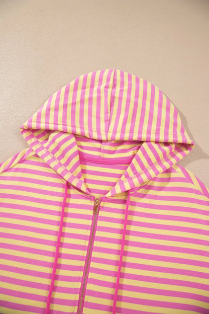 Rose Red Striped Long Sleeve Zip-Up Hoodie Drawstring Elastic Waist 2pcs Short Set