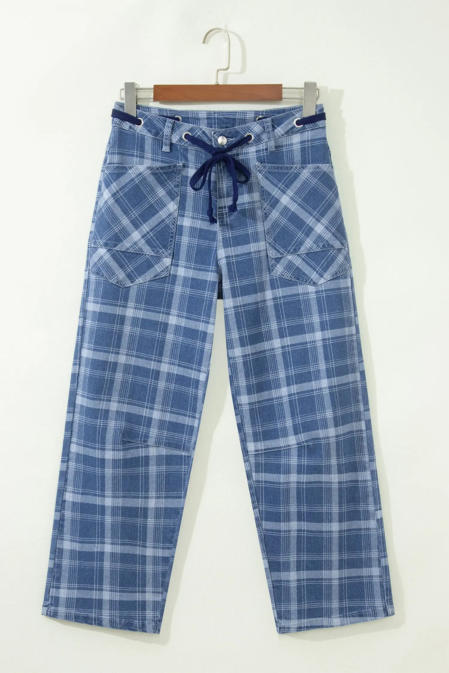 Sky Blue Plaid Denim Grommet Drawstring Waist Ankle-Length Jeans